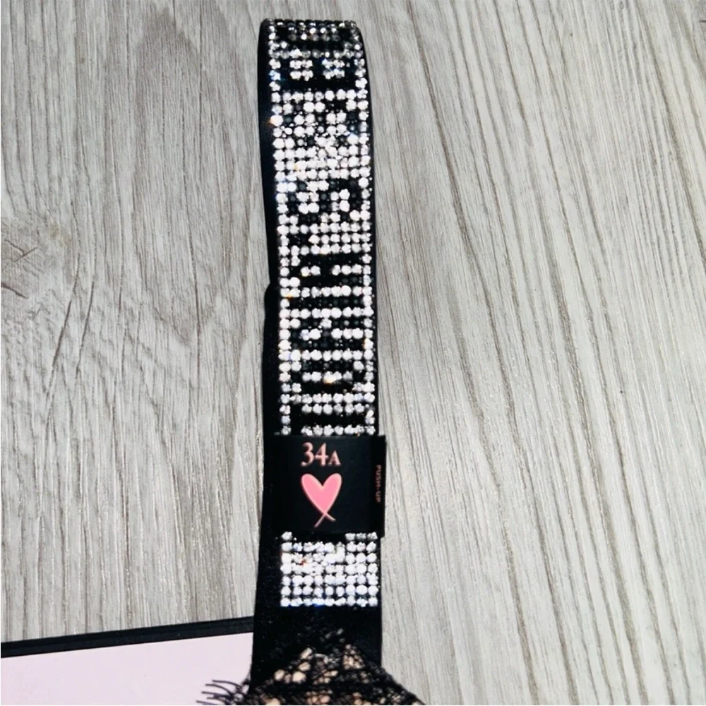 💎VS Very Sexy Black Lace Bling Push Up Bra With Matching Garter Belt Set NWT✨